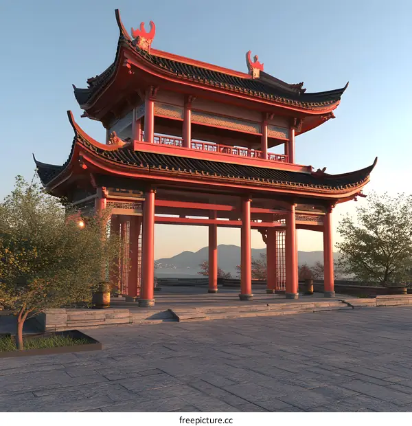 Red Chinese Pagoda with Curved Roof and Stone Steps