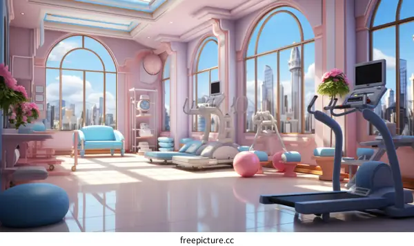 Pastel Pink and Blue Gym with City View