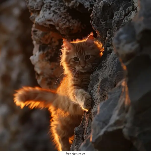 Ginger Kitten Climbing on Rock in Golden Sunlight
