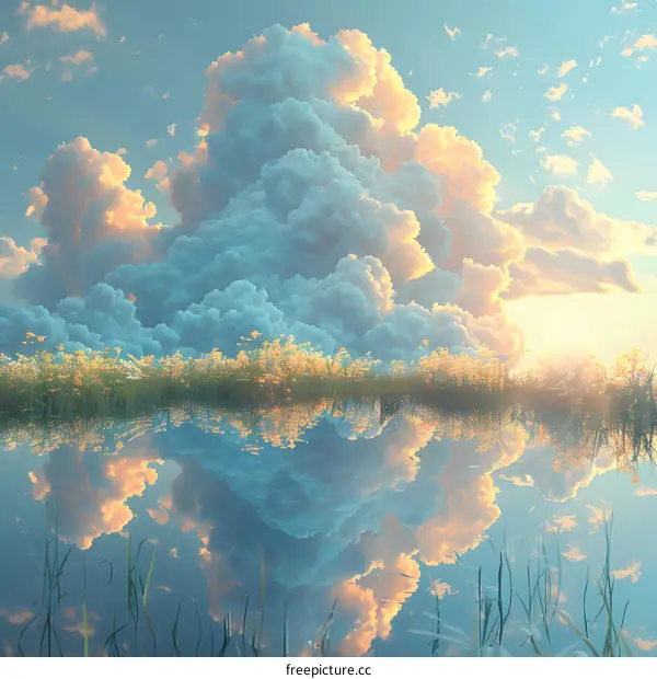 A beautiful cloudscape over a lake with a meadow in the foreground
