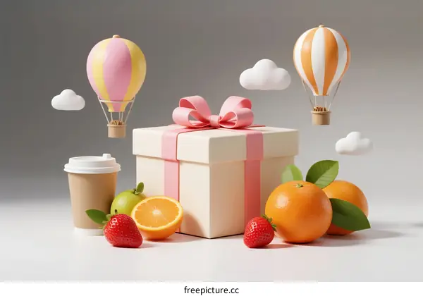 Colorful Gift Box with Fresh Fruits and Hot Air Balloons