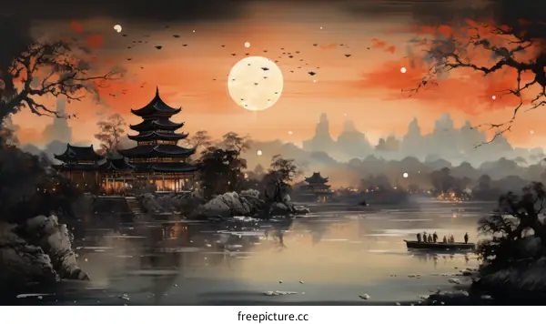 Moonlit Night Over Tranquil Lake With Boats & Pavilions