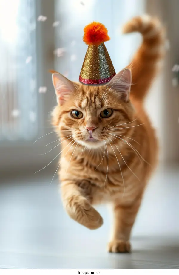 A ginger cat wearing a party hat