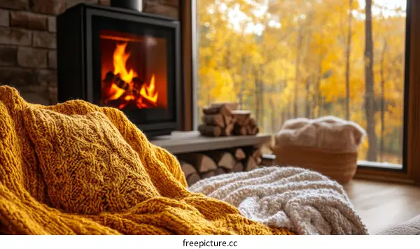 Autumn Cozy Living Room with Fireplace and Warm Throw
