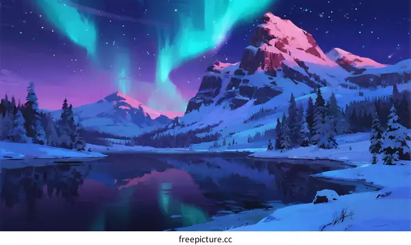 Aurora Borealis Over Snowy Mountain Range with Calm Lake Reflection