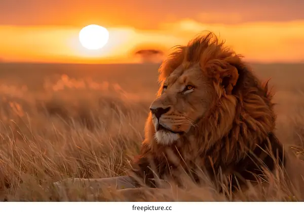 Lion in the african savanna at sunset