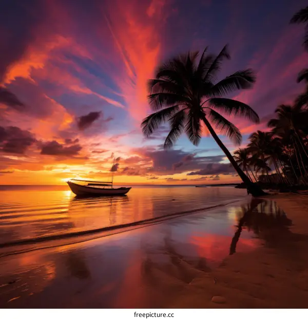 Tropical Beach Sunset With Palm Trees and Boat
