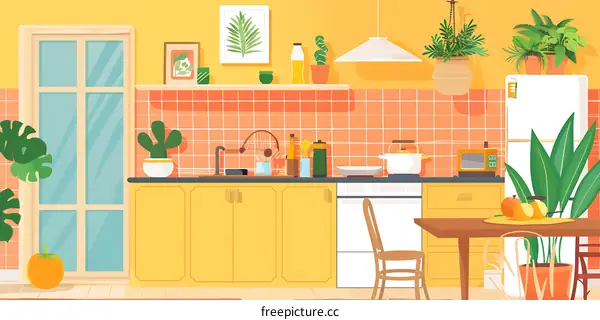 Yellow Kitchen Interior With Plants