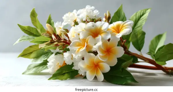 Beautiful Frangipani Bouquet on Light Background