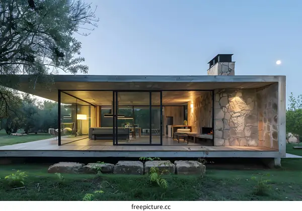 Modern Concrete House with Stone Walls and Large Windows