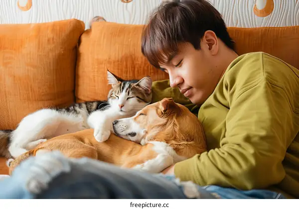 A young man is sleeping on the couch with a cat and a dog