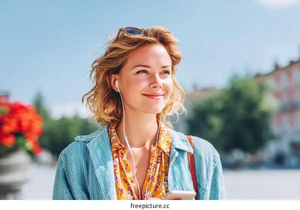 Woman enjoying music on a sunny day