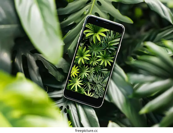 Smartphone With Green Leaves Background