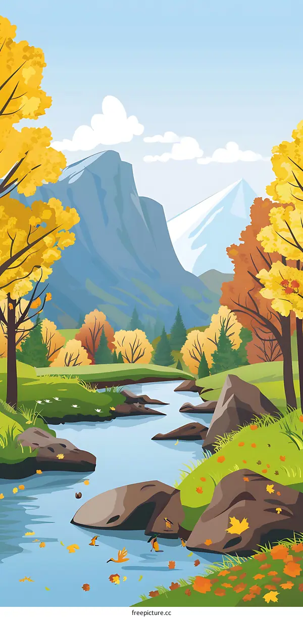 Autumn Landscape Illustration with Mountains, River and Trees