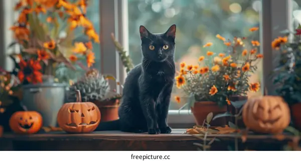 Black Cat on Festive Table with Pumpkins and Flowers