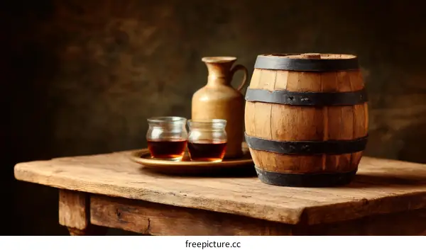 Aged Wooden Barrel and Drinkware on a Rustic Table