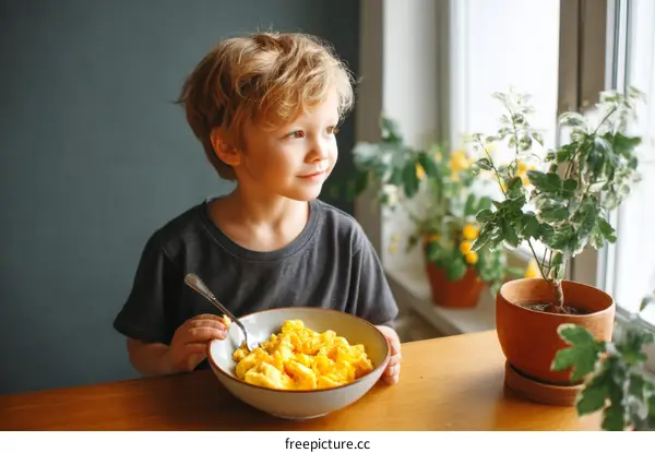 Boy Eating Scrambled Eggs by the Window