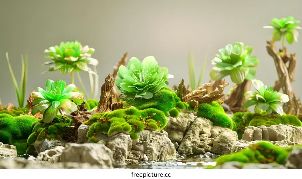 Green Mossy Landscape with Flowers and Driftwood