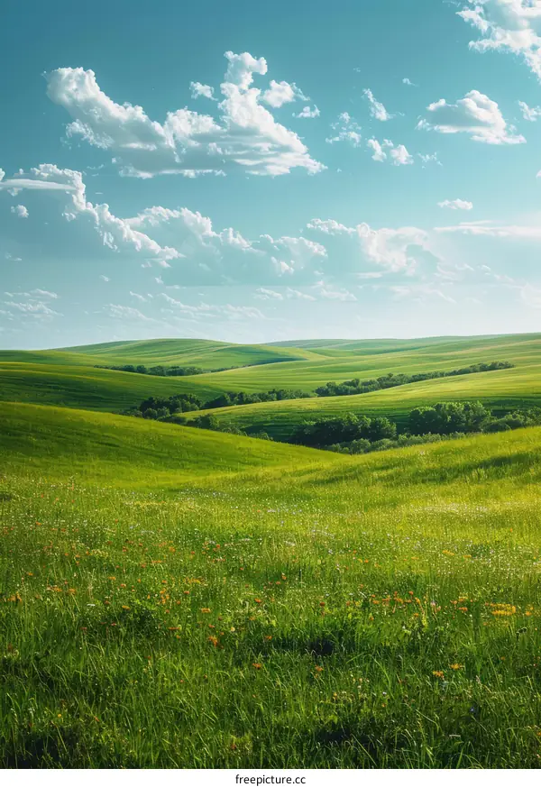 Green rolling hills with wildflowers under blue sky and white clouds