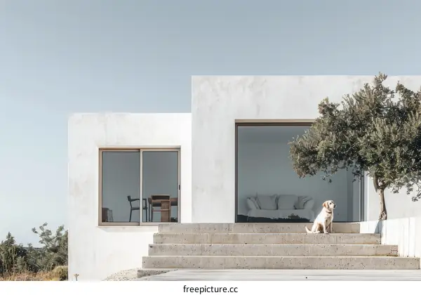 Minimalist White House with Dog on Porch