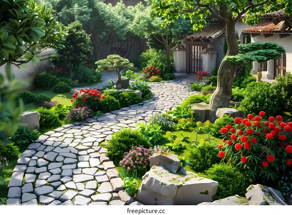 Courtyard with stone path, trees and flowers