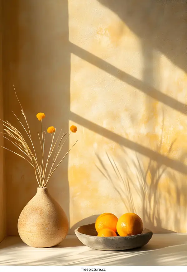 Minimalist Still Life with Dried Flowers, Oranges, and Sunbeams