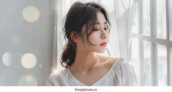 Beautiful Asian Woman Looking Out Window In White Shirt