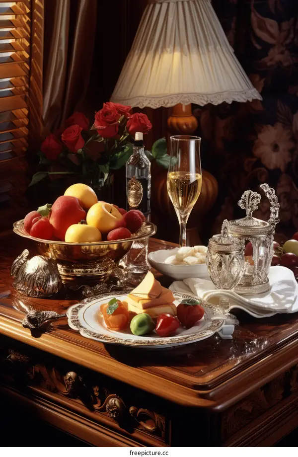 Elegant table with fruit, cheese, and wine