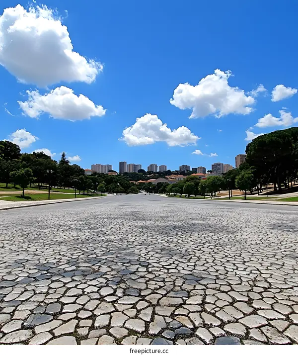 Cobblestone Path Leading to City Skyline with Blue Sky and Clouds