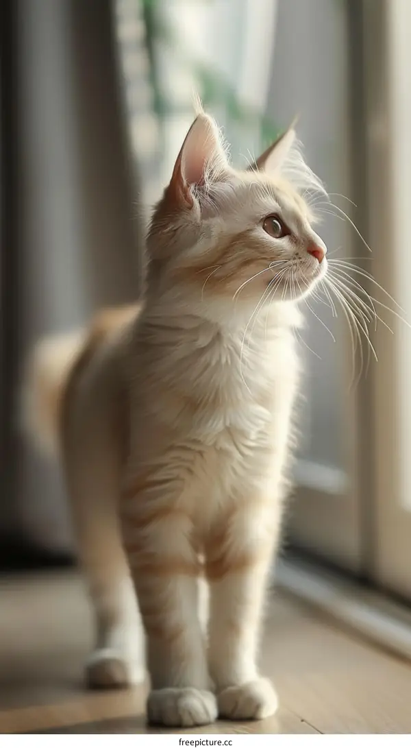 A ginger cat is looking out the window