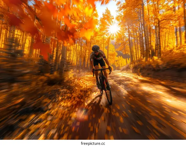 Cyclist rides through a tunnel of golden autumn leaves