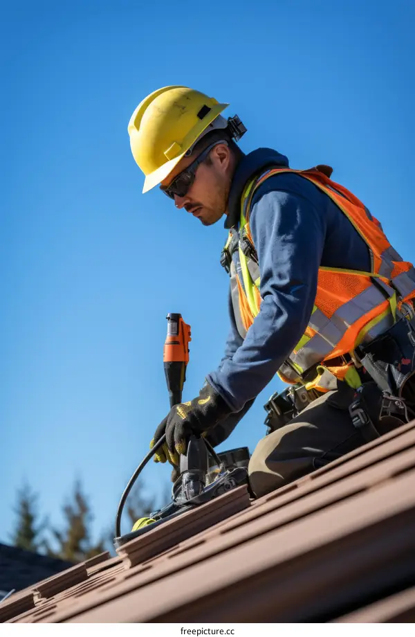 construction worker installing solar panels on a roof