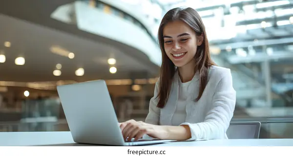 Smiling Woman Working on Laptop in Modern Office Building
