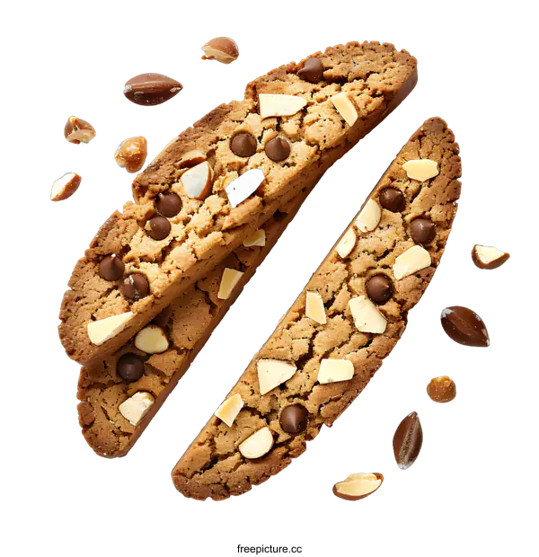 [Transparent Background PNG]Top view of two pieces of chocolate chip biscotti with scattered nuts