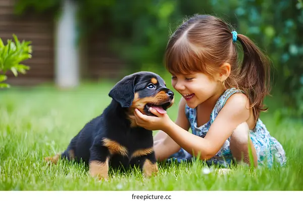 Cute Little Girl Playing with Puppy in the Grass