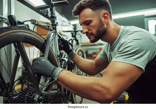 Man Working on Bicycle in Workshop