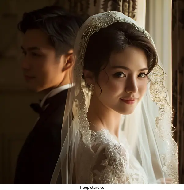 A bride and groom pose for a photo on their wedding day