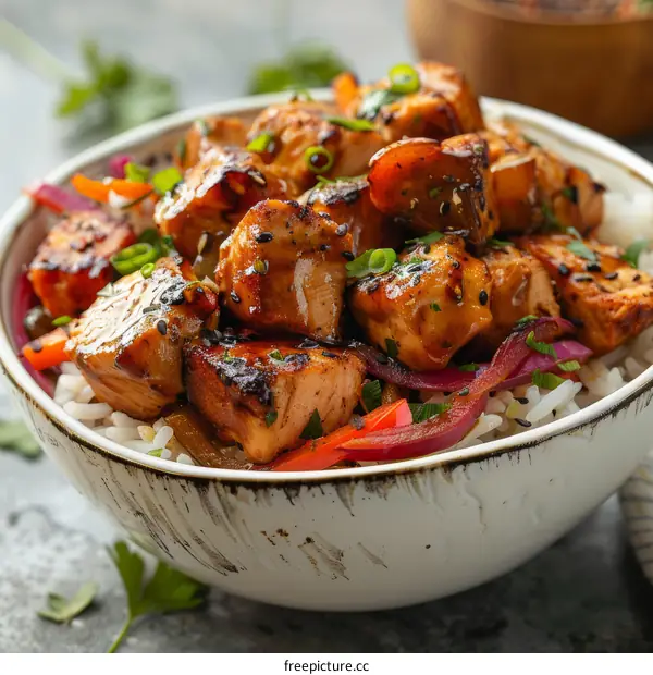 Bowl of diced teriyaki chicken with sesame seeds and spring onions