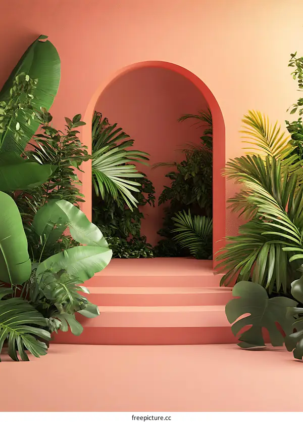 Tropical Plants and Archway with Pink Wall