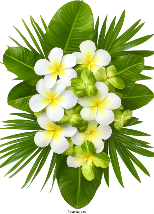 [Transparent Background PNG]White Plumeria Flowers and Green Leaves Isolated on White Background