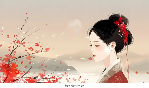 An illustration of a beautiful woman in a traditional Korean dress, with red plum blossoms in the background