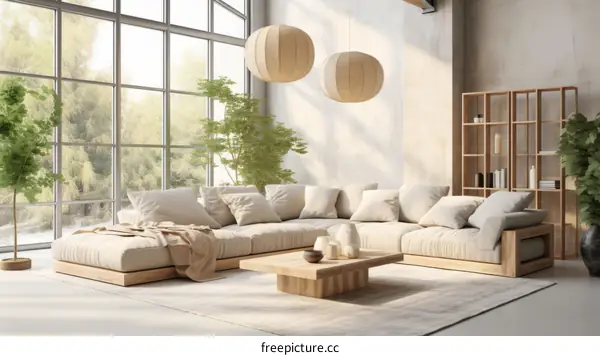 Airy and bright living room with large windows and a comfortable sofa