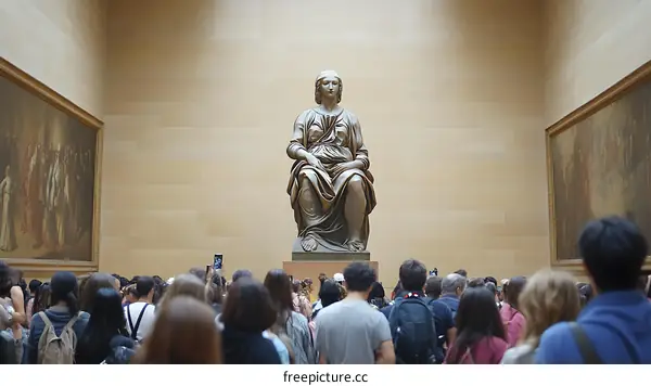 People Viewing a Bronze Statue in a Museum