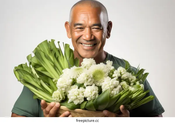 Portrait of a happy man holding a basket of fresh flowers and vegetables
