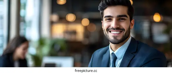 Smiling Businessman in a Modern Office Setting