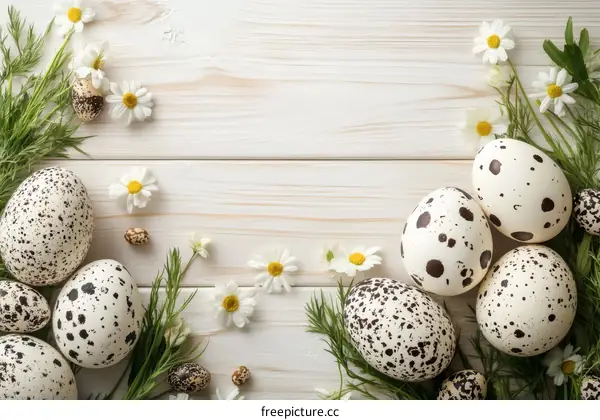 Easter Eggs Arrangement on a White Wooden Background