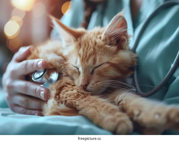 Close-up Of A Veterinarian Examining An Orange Kitten