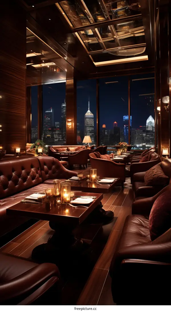 Luxurious hotel lobby with a view of the night city