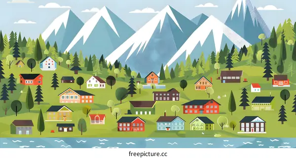 Mountain Village Illustration with Houses and Trees