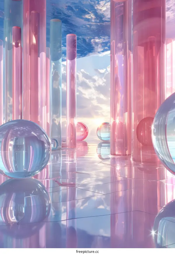 Pastel Glass Columns and Crystal Spheres in an Abstract Interior